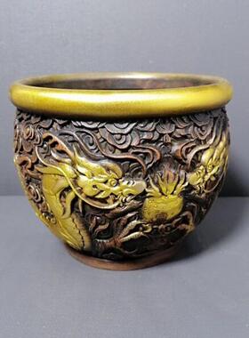 古玩铜器收藏黄铜龙缸家居客厅摆设仿古铜香炉影视道具铜炉摆设