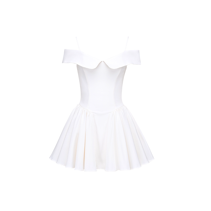 House of CB甜美俏皮白色斜纹露肩收腰迷你连衣裙Elida