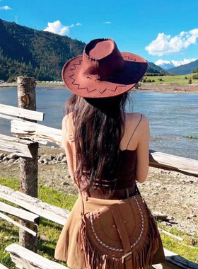 西部牛仔帽子男女春夏秋季户外旅游拍照遮阳骑士帽藏族大沿爵士帽