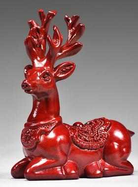 红色木雕梅花鹿摆件家居客厅实木麋鹿一对工艺品桌面摆设酒柜装饰