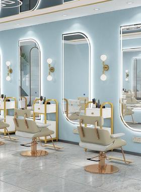 网红款理发镜台美发店发廊专用挂墙剪发镜子带led智能触摸落地镜