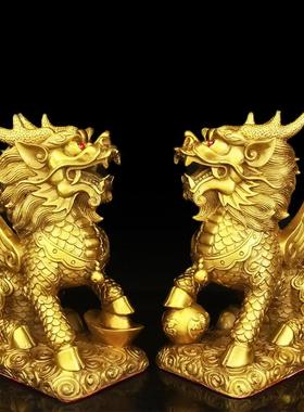 黄铜麒麟摆件一对八卦飞天家居卧室窗台客厅装饰办公室桌面店铺纯