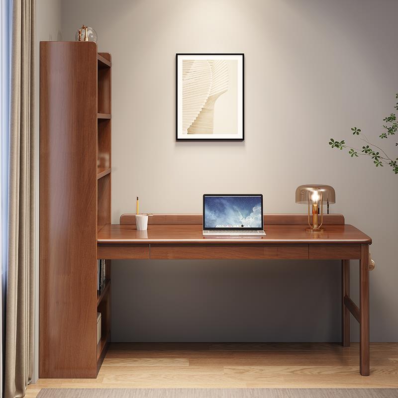 转角书桌书架组合一体台式电脑桌简约家用学生写字桌实木学习桌子 - 图0