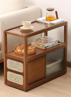 移动边几沙发边柜小茶几实木创意玻璃小桌子窄客厅收纳边桌置物架