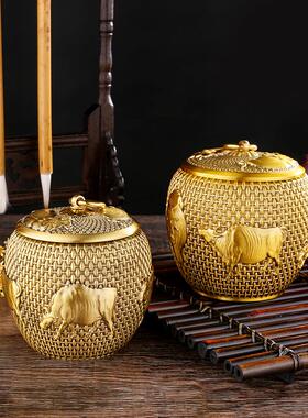 黄铜带盖防潮防虫五牛茶叶罐大容量存茶储茶罐客厅书房茶叶桶摆件