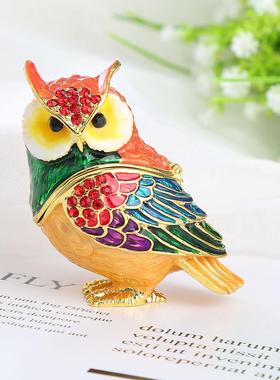 创意家居金属猫头鹰工艺礼品摆件珐琅手工彩绘镶钻首饰收纳盒
