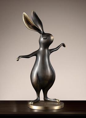 纯黄铜兔子摆件创意玄关客厅软装饰品青铜动物雕塑样板间摆设