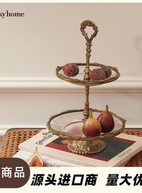 迪斯凯印度进口黄铜托盘玻璃收纳罐居家装饰摆件法式宫廷果盘架子