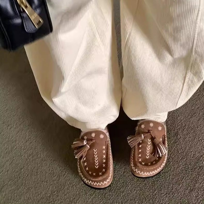 复古加绒流苏豆豆毛毛鞋女冬外穿2025新款保暖一脚蹬包头勃肯拖鞋,淘宝优惠券,粉丝福利购,淘宝优惠卷