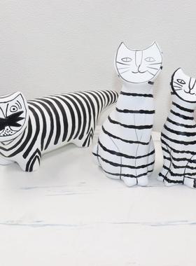 现代简约北欧创意树脂黑白条纹招财猫雕塑客厅玄关样板间家居摆件