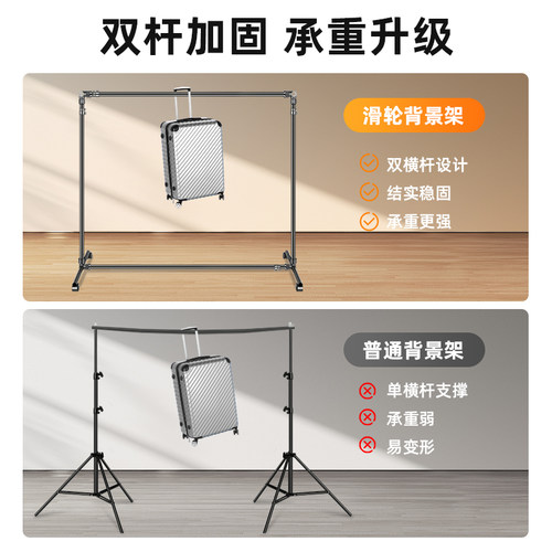 【双杆加固】专业摄影背景架滑轮可移动拍照道具背景布支架伸缩横杆挂布直播绿幕布置装饰架子照相拍摄支撑架 - 图3