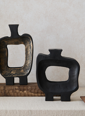 黑色实木装饰品复古创意摆件花瓶