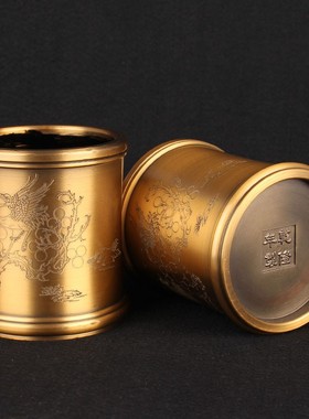 速发铜笔筒刻件铜文昌笔筒礼务商品圆形雕摆铜笔筒文房四宝摆件