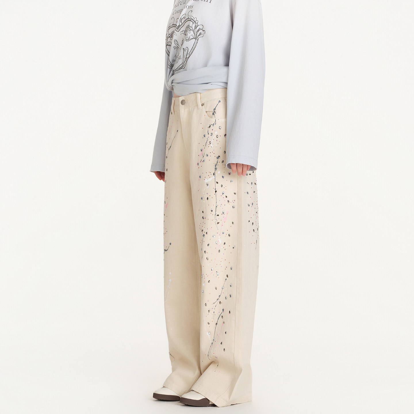 ANDREA MARTIN2026春季新款烫钻泼墨铆钉宽松女牛仔阔腿休闲长裤,淘宝优惠券,粉丝福利购,淘宝优惠卷