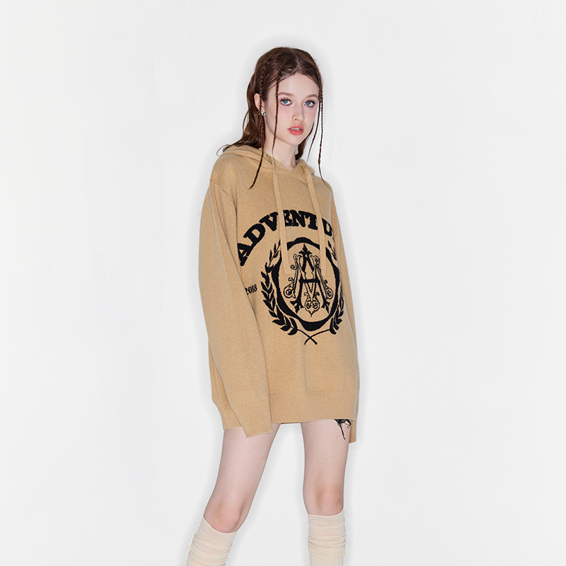 ANDREA MARTIN2025秋季新款卡其色复古logo字母图案百搭连帽卫衣 - 图0