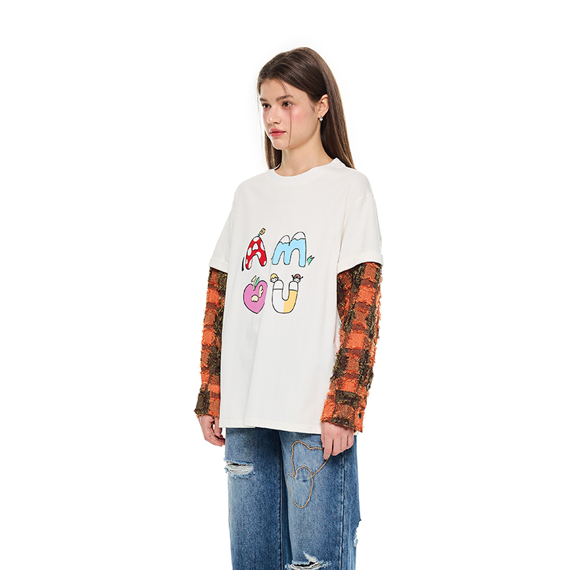 ANDREA MARTIN秋冬新款logo印花衬衫拼接翻袖设计长袖卫衣T恤 - 图1