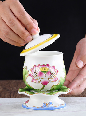 热销彩绘b浮雕莲花佛具套装家用佛堂供奉圣水杯水果盘陶瓷香炉花