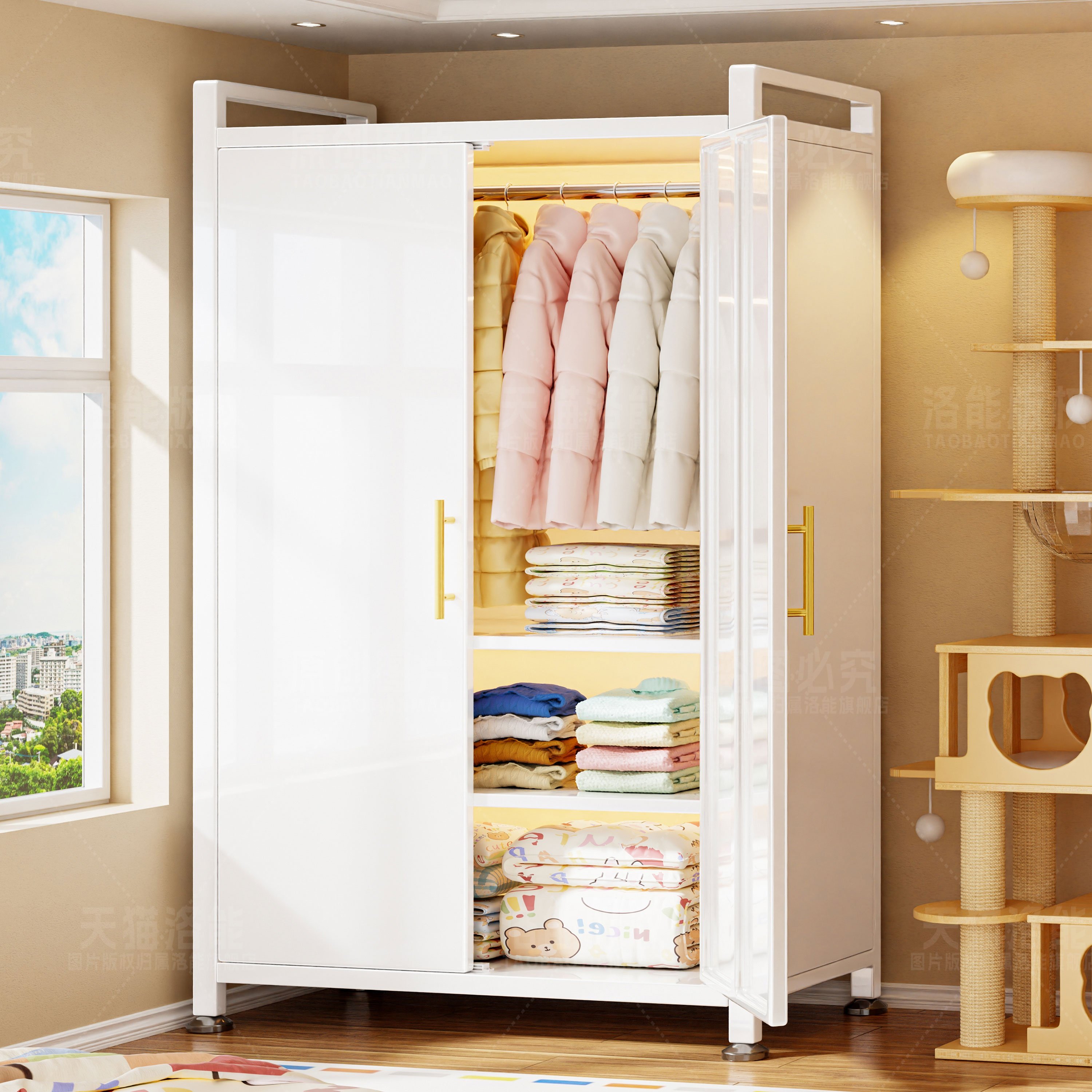 钢制家用阳台柜杂物收纳储物柜卧室靠墙一体衣柜多层防尘防晒柜子,淘宝优惠券,粉丝福利购,淘宝优惠卷