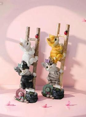 手工花小猫咪爬猫咪爬楼梯树脂工艺品摆件可园爱萌宠猫猫迷你装饰