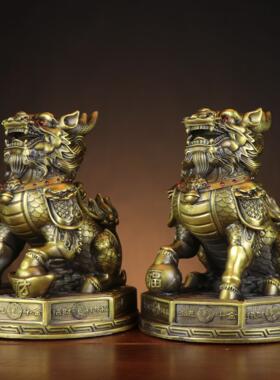 铜麒麟摆黄件一对踩八卦麒CTY麟坐财富麒麟开业家居店铺军麒将麟