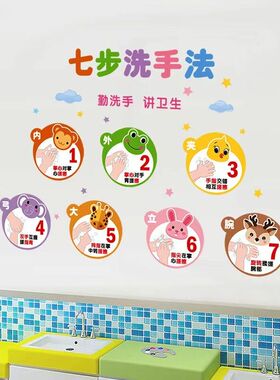卡通七步洗手法贴画宝宝幼儿园洗手流程步骤贴纸墙贴厕所标语防水