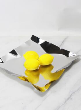 北欧创意镜面抛光褶皱不锈钢亮面金属托盘样板间置物碟摆件