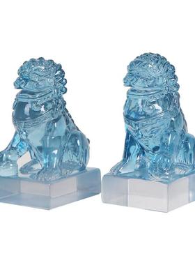 新中式透明狮子摆件样板间博古架书房桌面动物书档装饰品软装布置