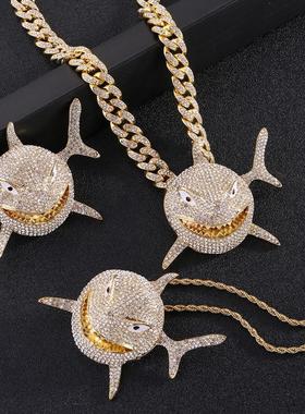 吊坠欧美鲨鱼嘻哈项链同款满6ix9ine钻男士说唱链大号shark锆石女