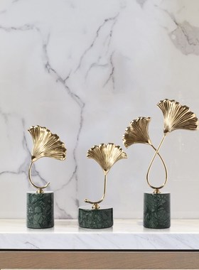 新中式轻奢铜银杏叶摆件售楼处样板房客厅酒柜书柜玄关柜软装饰品