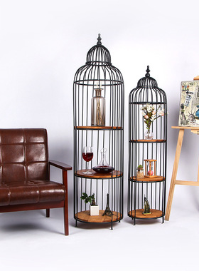 美式复古铁艺落地鸟笼摆件欧式花架置物架创意家居客厅房间装饰品