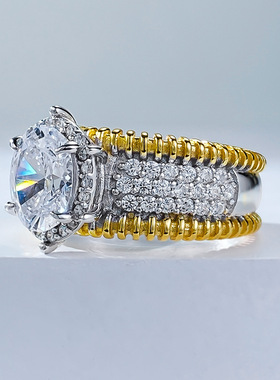 澄一S925银镀金法式轻奢1克拉椭圆高碳钻编织小众设计戒指