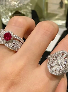 澄一珠宝・S925银一克拉法式复古鸽血红刚玉6*6肥方豪镶满钻戒指