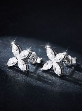 澄一S925纯银镀18k金四叶草马眼3*6mm莫桑钻耳钉项链套装