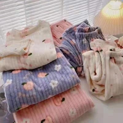 新款秋冬款小熊珊瑚绒睡衣套装女外穿宽松保暖暖家居服长袖两件套