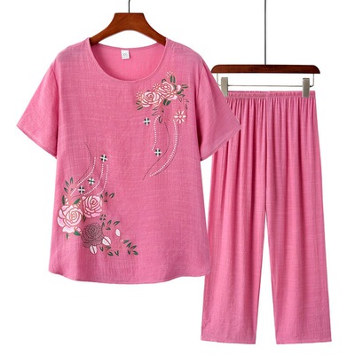 妈妈夏装套装两件套中老年女装老年衣服老年人上衣奶奶老太太棉麻