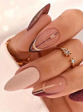24Pcs/box Pink Almond False Nails Shiny Golden Ripples