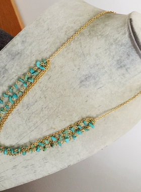 项链毛衣链 看好尺寸不退310 V Z 质感金色蓝色石串珠百搭多层坠