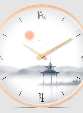 10寸12寸实木边框挂钟客厅卧室静音时钟桦木新中式中国水墨画钟表