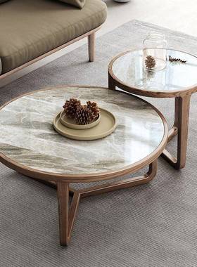 北欧岩板茶几大小圆组合实木圆形大理石沙发边几小户型客厅花几