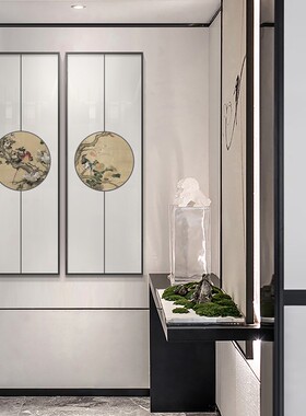 好货新中式入门玄关装饰画棋牌室会所包厢背景墙花鸟竖版多联组合