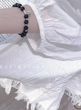 天然彩虹眼黑曜石手链纯银铃铛有声音吊坠百搭暗黑风酷女孩本命年