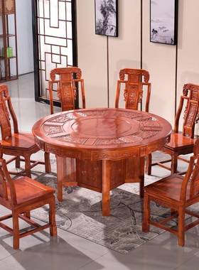 实木雕花圆桌新中式组合家用餐桌橡木现代简约圆形带转盘吃饭桌子