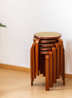 可叠放实木凳子藤编圆凳家用客厅餐桌凳加厚板凳矮凳舒适久坐餐凳