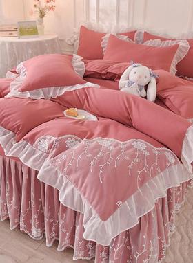 轻奢网红蕾丝花边床裙新款床单四件套纯色公主风被套罩床上三件套
