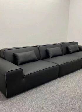 现代简约夏图真皮沙发大黑牛豆腐块意式极简客厅直排四人位皮沙发