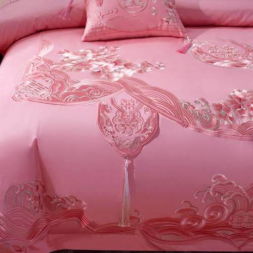 140支全棉长绒棉刺绣花粉色婚庆结婚四件套喜被床上用品六十件套 - 图2