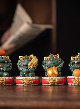 国潮创意软萌治愈系彩金石狮子事业有成茶宠高级感家居办公桌摆件