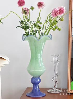 法式简约复古高脚长颈铃兰风灯玻璃花瓶高级感水培插花瓶家居摆件