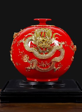 速发漆线雕中国红陶瓷花瓶三公聚首工艺品龙司开业乔迁送礼品摆件