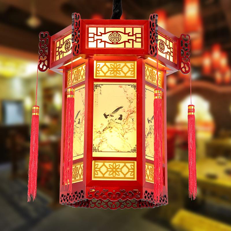 中式实木宫灯餐厅酒店茶楼灯笼走廊门头古风建筑仿古羊皮木艺吊灯 - 图2